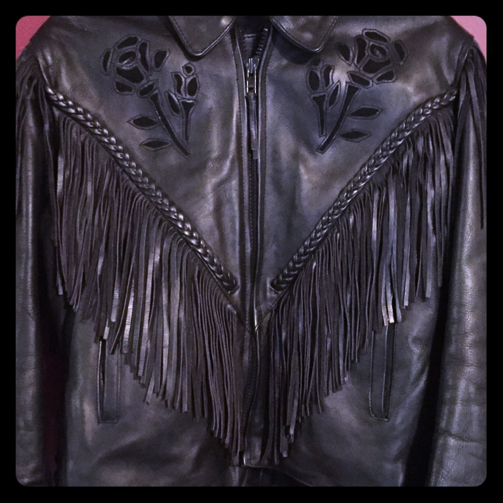 Women’s vintage leather fringed biker coat